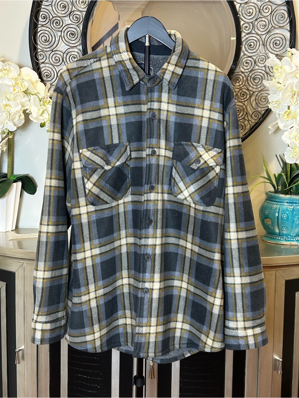 Freedom Foundry Men's Plaid Button-Down Shirt Jacket in Gray and Yellow